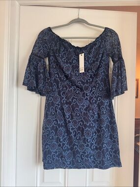 BB Dakota Navy Blue Lace Off-Shoulder Mini Dress